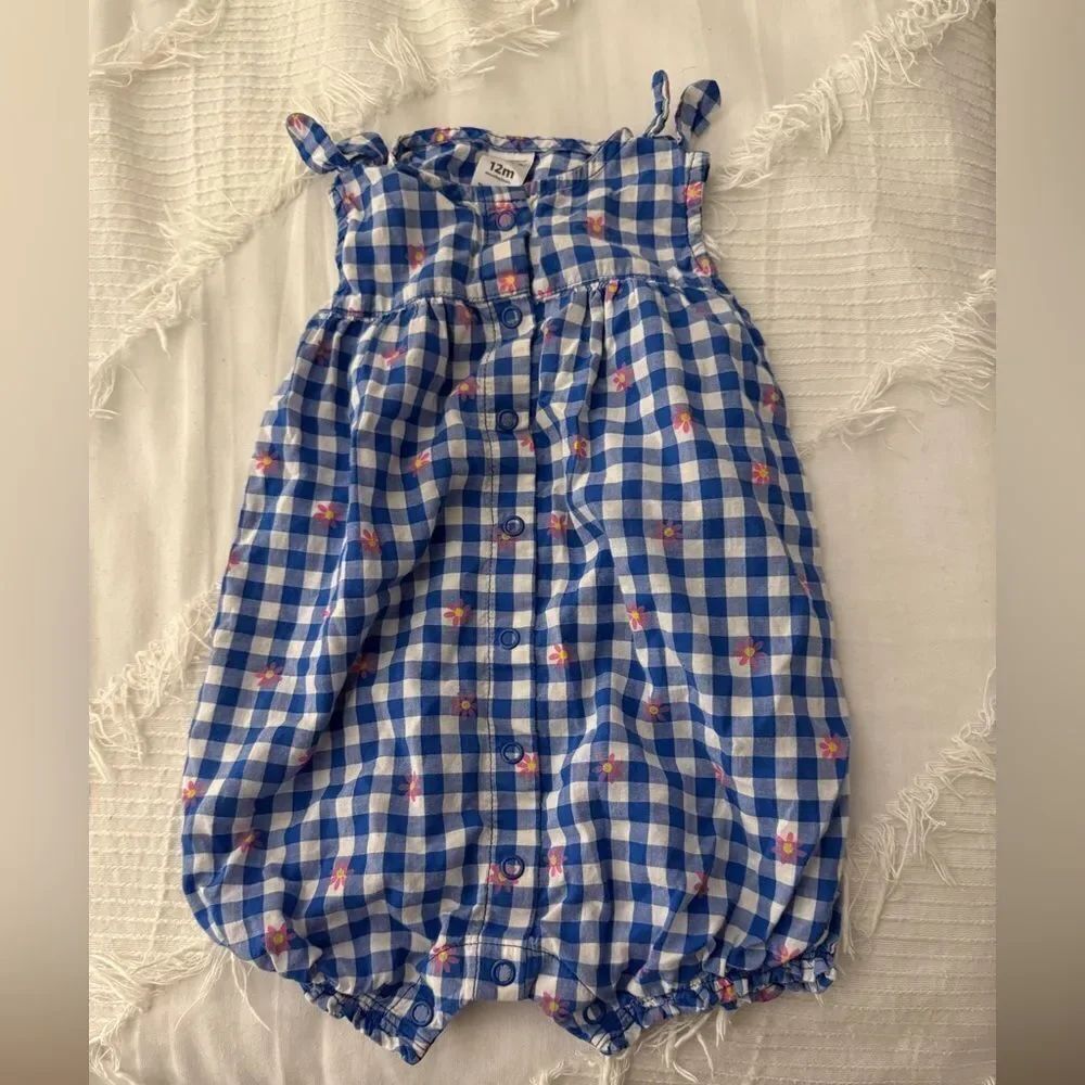 Carter's Blue and White Plaid Romper with Floral Accents
